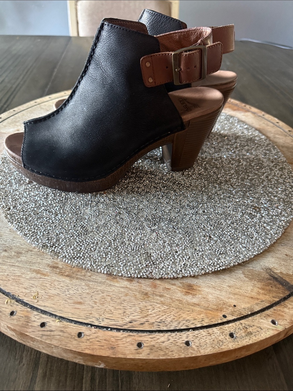 Dansko Black and Brown Leather Slingback Clog Heels - Size 38
